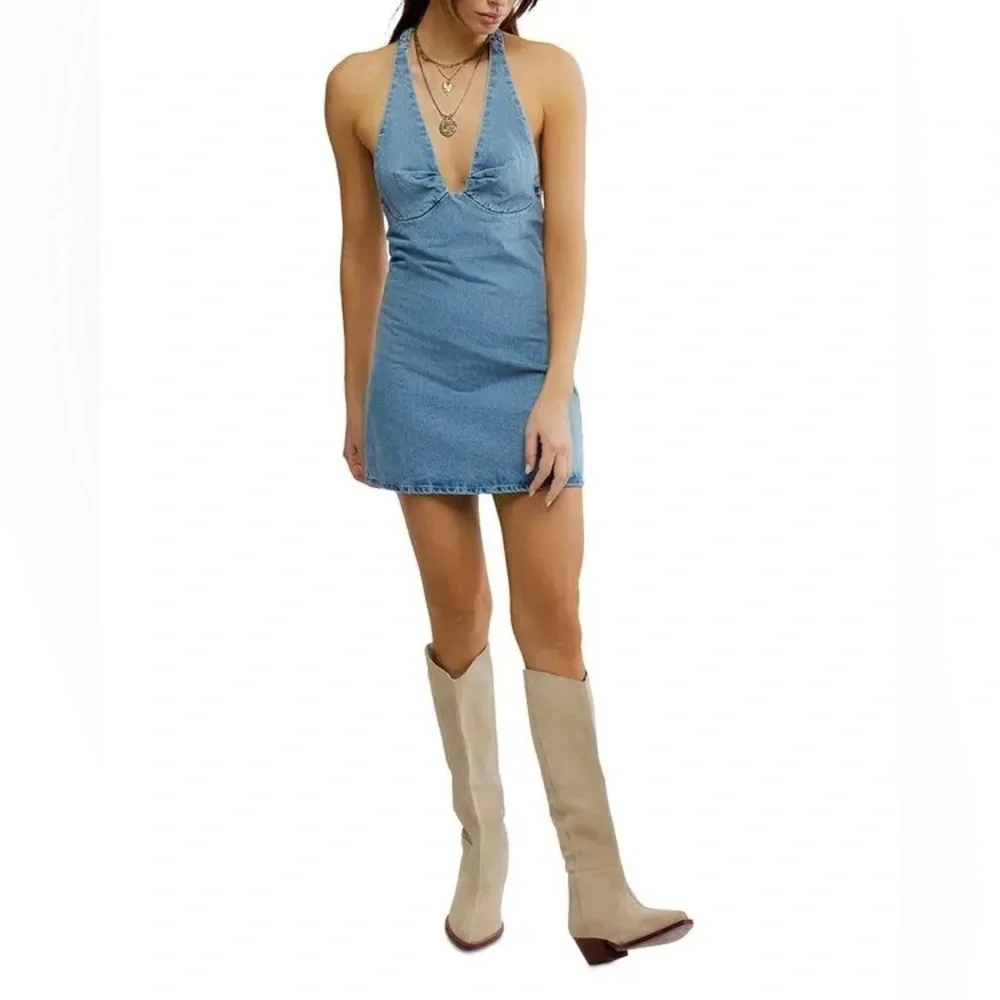 Free People Trevi Denim Halter Mini Dress in Celestial Light Blue Jean - Picture 16 of 16